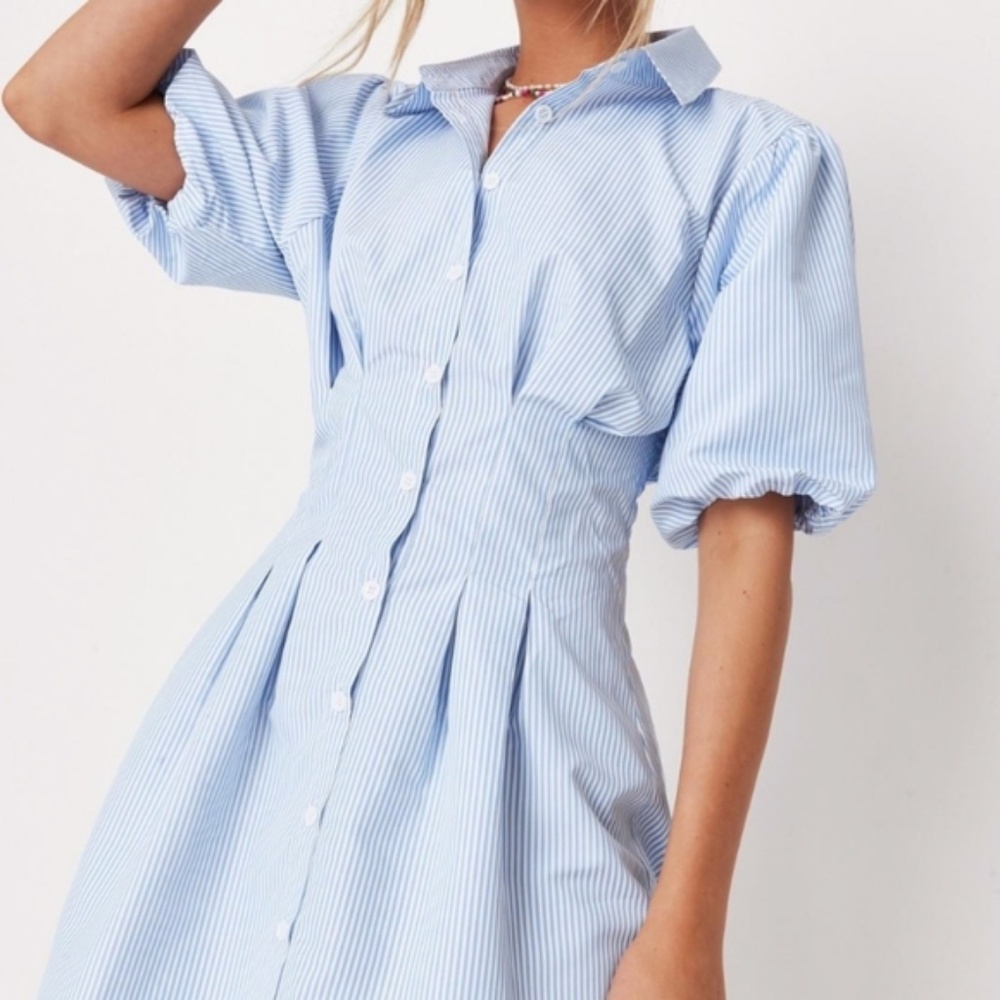 Missguided Blue Stripe Pleated Waist Shirt Dress
